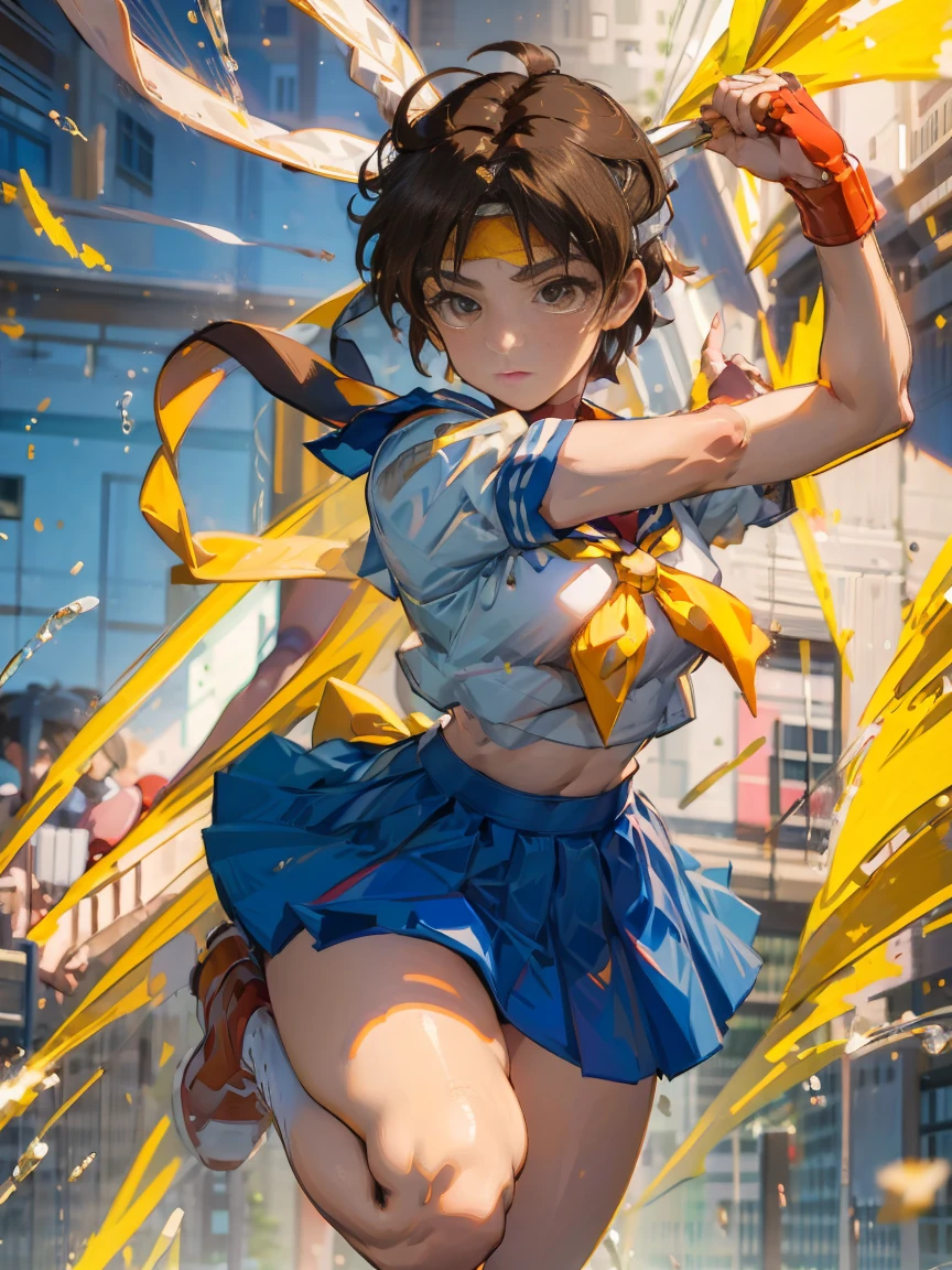 (masterpiece, best quality:1.1), 1girl solo,  kasugano sakura, brown eyes, brown hair, short hair, bangs, ahoge, headband,Sailor Senshi Uniform, , yellow neckerchief, blue skirt, , thighs, , red footwear