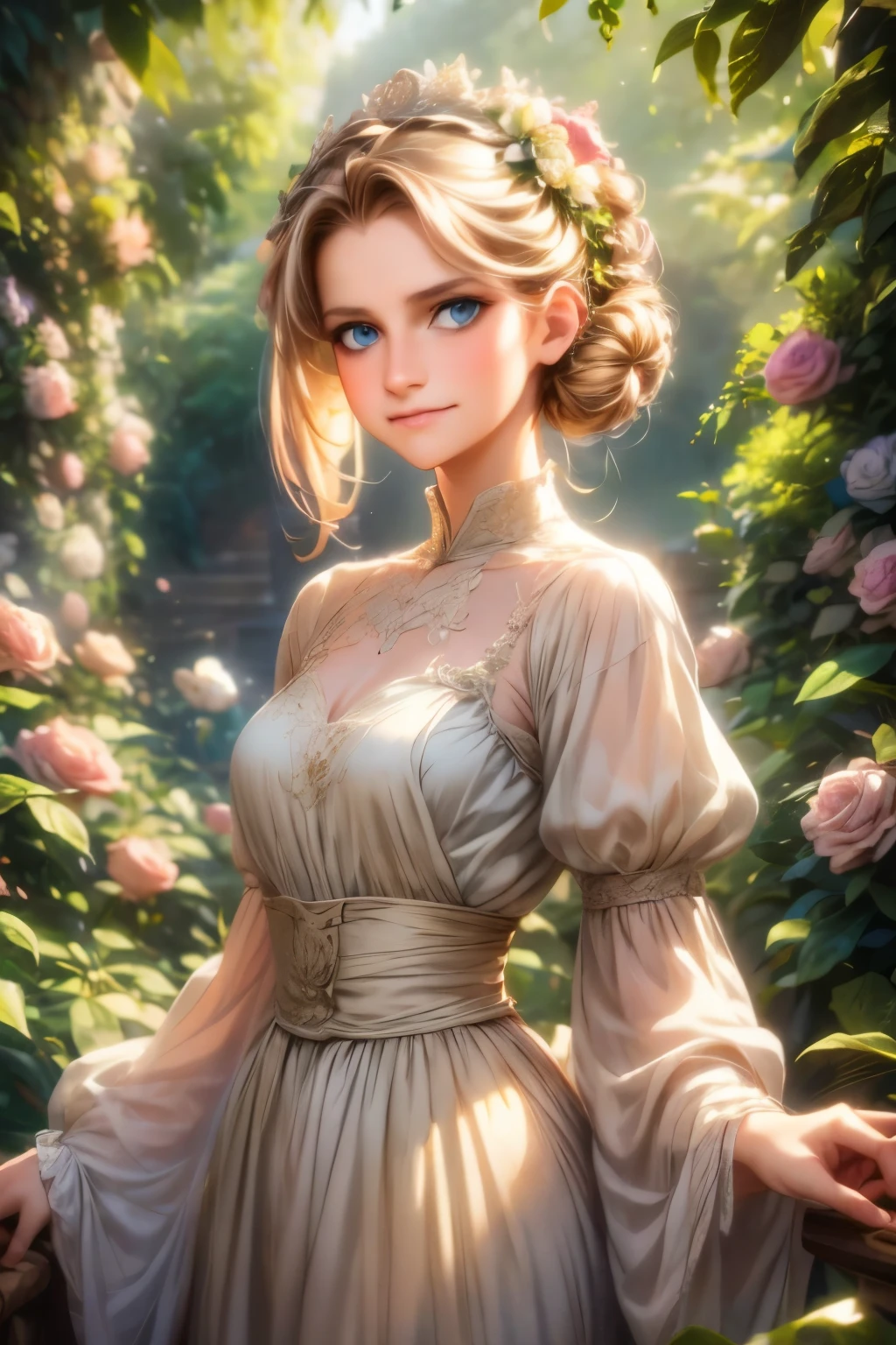 village realisticlying、Virginia Otis 15-year-old blonde hair blue eyes、City of victorian age, Europe. aristocrat girl、Looking up from below、 wear long sleeve sheer fabric dress、Various dynamic poses、Face smile、cute face, Depicts the whole body、a beautiful girl, extremely detailed eyes and face, long eyelashes, elegant dress, sunlight dappled garden, lush foliage, detailed floral patterns, soft lighting, cinematic composition, vibrant colors, photorealistic, 8k, high quality, dinamyc pose