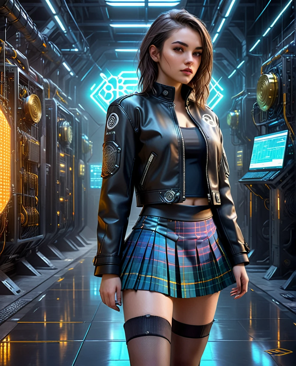 A beautiful girl in cyberpunk jacket and female traditional scottish style skirt in modern pleated tartan kilt and she is in a futuristic financial operations hall with highly technological miners mining Bitcoin, the Bitcoin symbol in a technological and electronic scenario, cyberpunk and futuristic, Science fiction, hightech, photo realist, best qualityer