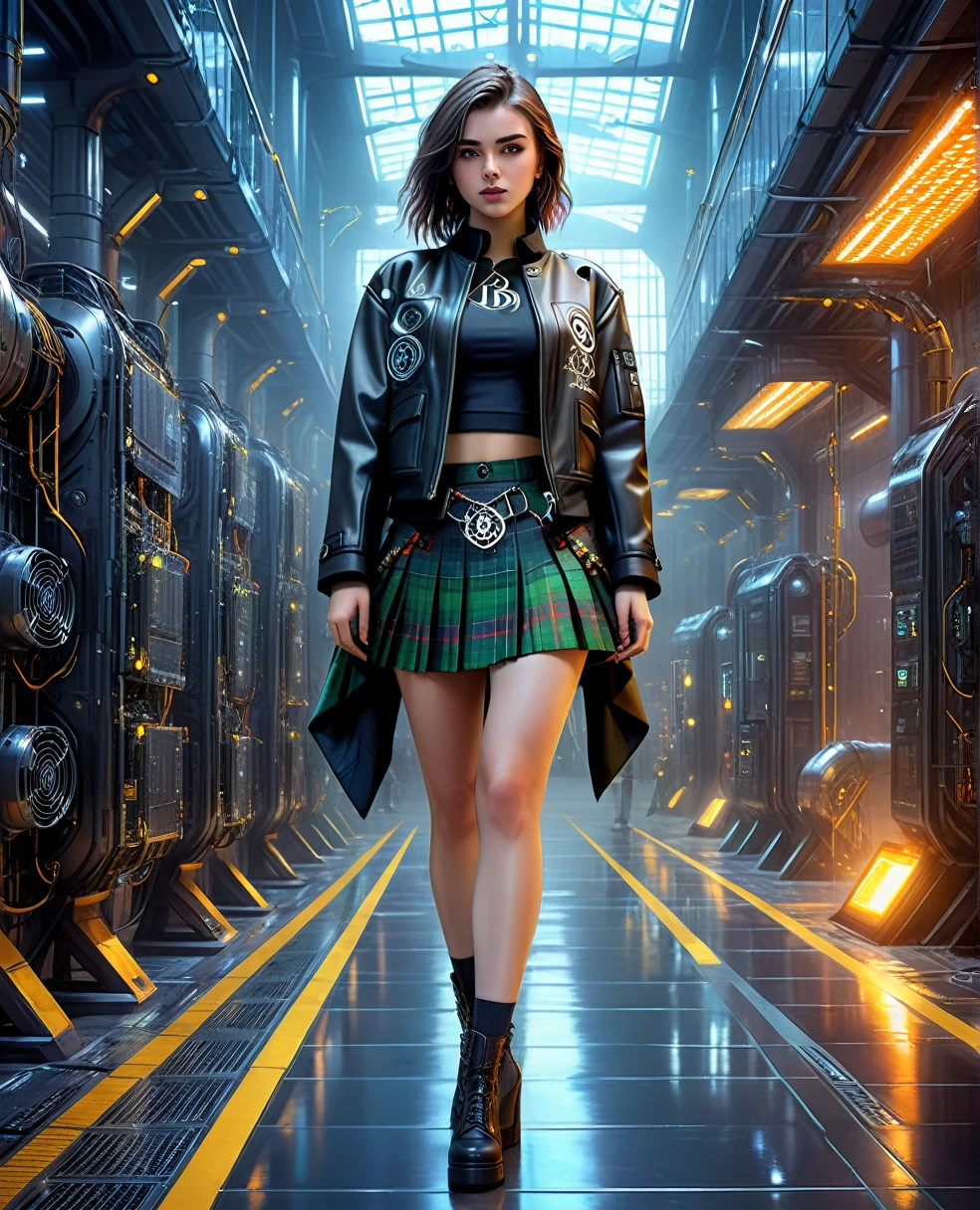 A beautiful girl in cyberpunk jacket and female traditional scottish style skirt in modern pleated tartan kilt and she is in a futuristic financial operations hall with highly technological miners mining Bitcoin, the Bitcoin symbol in a technological and electronic scenario, cyberpunk and futuristic, Science fiction, hightech, photo realist, best qualityer