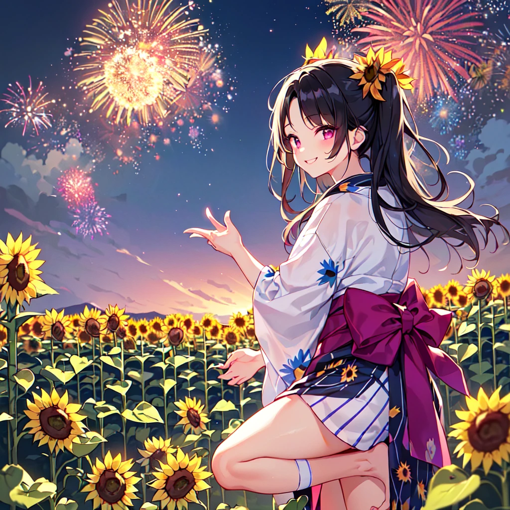 masterpiece, best quality, high quality, extremely detailed, very delicate and beautiful, (1 female 18 years old solo:1.5), (long black hair up to waist with two side up:1.5), bangs to eyebrows, eyes Eyebrows are glossy, (eye color: magenta:1.3), 6.5 head height, (yukata with fireworks print: 1.3), knee socks, lace, frills, (smiling), (standing: 1.3), (smiling), (dynamic pose), (background sunflower field: 1.3), (night with lots of fireworks: 1.3)