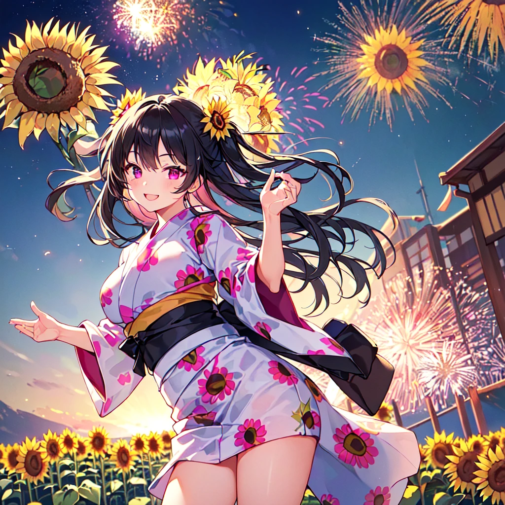 masterpiece, best quality, high quality, extremely detailed, very delicate and beautiful, (1 female 18 years old solo:1.5), (long black hair up to waist with two side up:1.5), bangs to eyebrows, eyes Eyebrows are glossy, (eye color: magenta:1.3), 6.5 head height, (yukata with fireworks print: 1.3), knee socks, lace, frills, (smiling), (standing: 1.3), (smiling), (dynamic pose), (background sunflower field: 1.3), (night with lots of fireworks: 1.3)