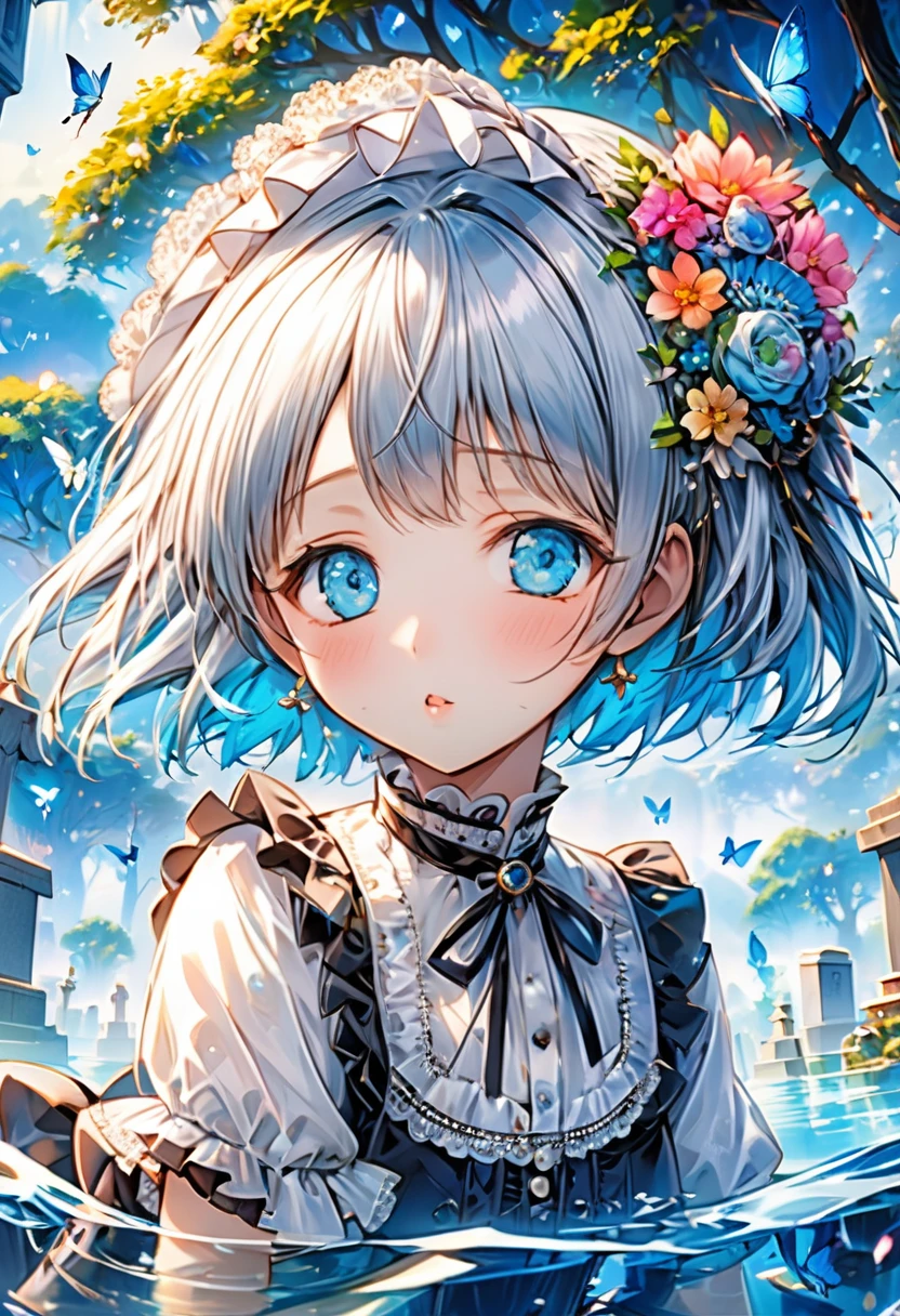 (masterpiece), (best quality), illustration, ultra detailed, hdr, Depth of field, (colorful), petite,loli,This is a masterpiece that exudes exceptional quality. The illustration is ultra-detailed, utilizing HDR technology to create a sense of depth. The subject matter is an original, delicate, and beautiful artwork, vibrant with color and filled with fantastical elements. The girl is sitting by a deep sea, surrounded by flowing water, with a dull blue World Tree in the background, situated in a cemetery. The serene and dreamy atmosphere gives the entire scene a soulful and enchanting quality. Her pale complexion, azure blue eyes that glow, and silver hair adorned with flowers create a captivating portrait. She wears a Lolita-inspired fashion, expressionless with her mouth closed. The backgrounds range from white, transparent, circular options, and there are also flying translucent blue butterflies that add a sense of liveliness to the piece.