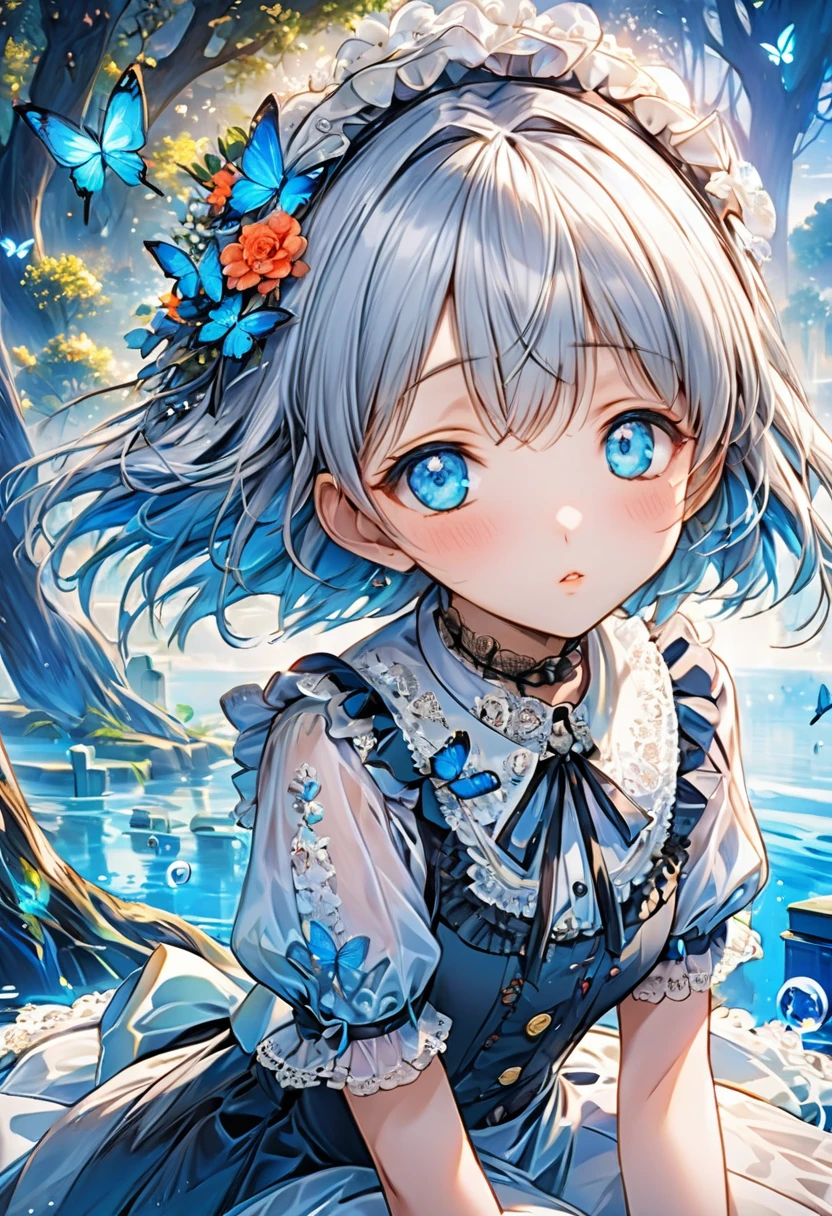 (masterpiece), (best quality), illustration, ultra detailed, hdr, Depth of field, (colorful), petite,loli,This is a masterpiece that exudes exceptional quality. The illustration is ultra-detailed, utilizing HDR technology to create a sense of depth. The subject matter is an original, delicate, and beautiful artwork, vibrant with color and filled with fantastical elements. The girl is sitting by a deep sea, surrounded by flowing water, with a dull blue World Tree in the background, situated in a cemetery. The serene and dreamy atmosphere gives the entire scene a soulful and enchanting quality. Her pale complexion, azure blue eyes that glow, and silver hair adorned with flowers create a captivating portrait. She wears a Lolita-inspired fashion, expressionless with her mouth closed. The backgrounds range from white, transparent, circular options, and there are also flying translucent blue butterflies that add a sense of liveliness to the piece.