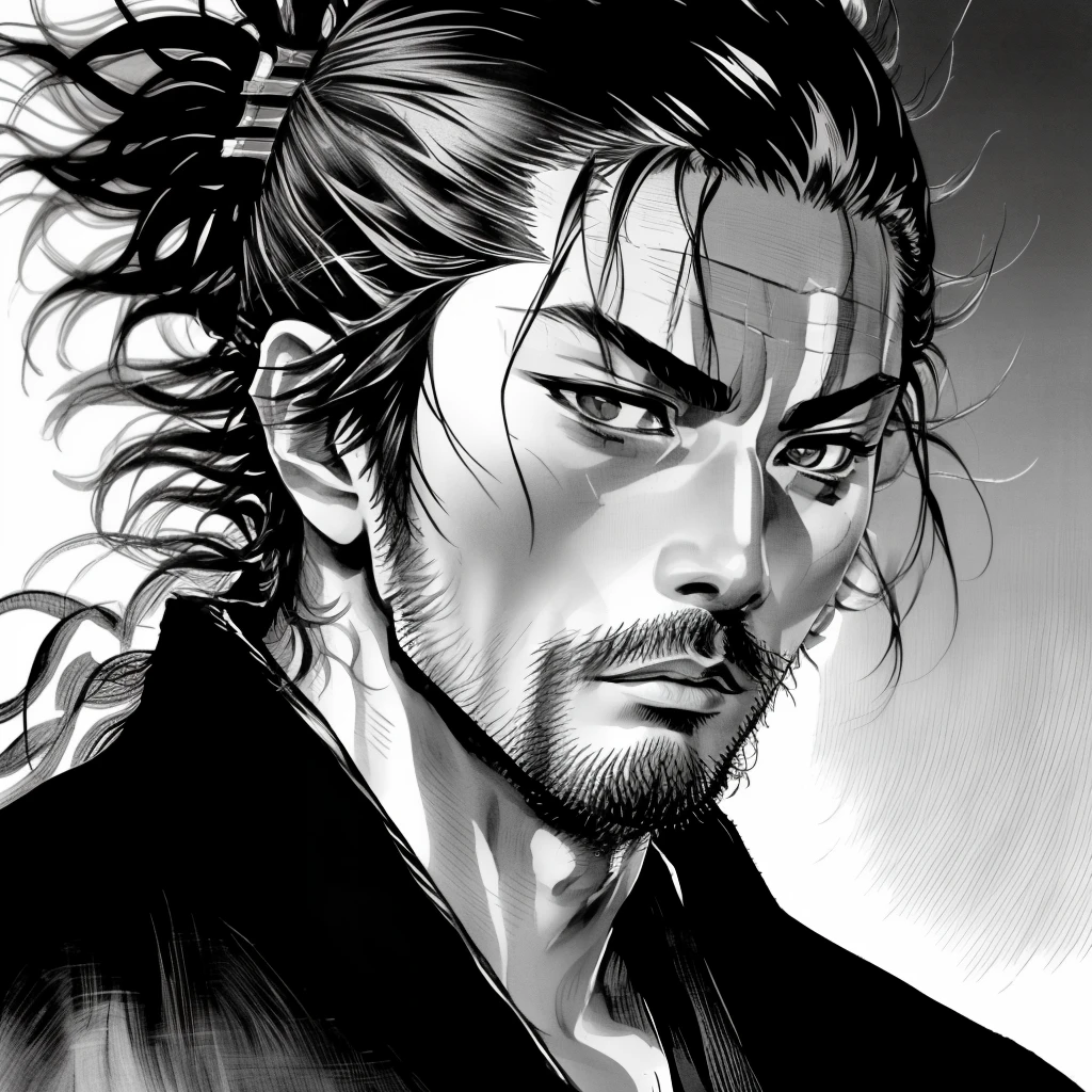 Miyamoto Musashi,kimono,SCAR,wide,barba,,Manga,in black and white,looking to the camera,elegant,charismatic  (:0.8)