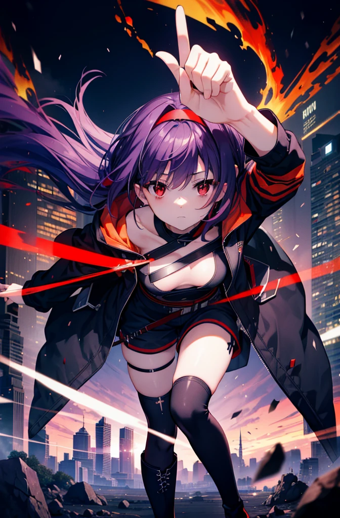 yuukikonno, Yuki Konno, hair band, Long Hair, Pointed Ears, Purple Hair, (Red eyes:1.5), (Small breasts:1.2), strict,Shut your mouth.,Trying to pull out a Japanese sword from its sheath,purple oversized hoodie　Hooded,Action pose,IncrsUnsheathingAKatanaMeme, sheath, holding sheath, Short denim pants,Black knee-high socks,short boots,rubble,Explosive flame,Becoming outdated,
break looking at viewer, Upper Body, whole body,
break outdoors, city,Building Street,,
break (masterpiece:1.2), Highest quality, High resolution, unity 8k wallpaper, (shape:0.8), (Beautiful and beautiful eyes:1.6), Highly detailed face, Perfect lighting, Highly detailed CG, (Perfect hands, Perfect Anatomy),