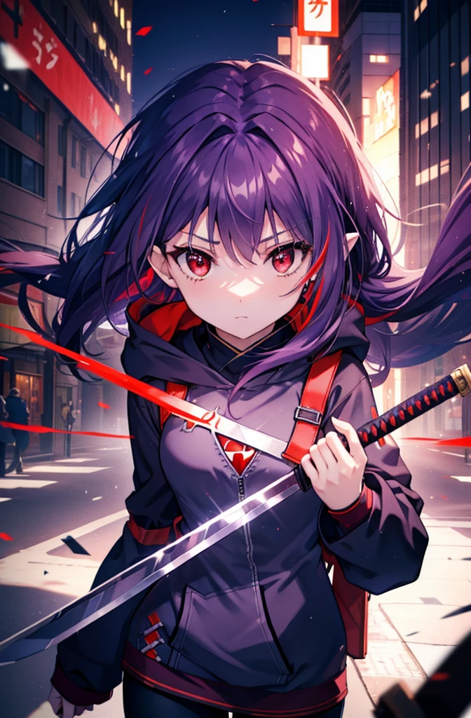 yuukikonno, Yuki Konno, hair band, Long Hair, Pointed Ears, Purple Hair, (Red eyes:1.5), (Small breasts:1.2), strict,Shut your mouth.,Trying to pull out a Japanese sword from its sheath,purple oversized hoodie　Hooded,Action pose,IncrsUnsheathingAKatanaMeme, sheath, holding sheath, Short denim pants,Black knee-high socks,short boots,rubble,Explosive flame,Becoming outdated,
break looking at viewer, Upper Body, whole body,
break outdoors, city,Building Street,,
break (masterpiece:1.2), Highest quality, High resolution, unity 8k wallpaper, (shape:0.8), (Beautiful and beautiful eyes:1.6), Highly detailed face, Perfect lighting, Highly detailed CG, (Perfect hands, Perfect Anatomy),