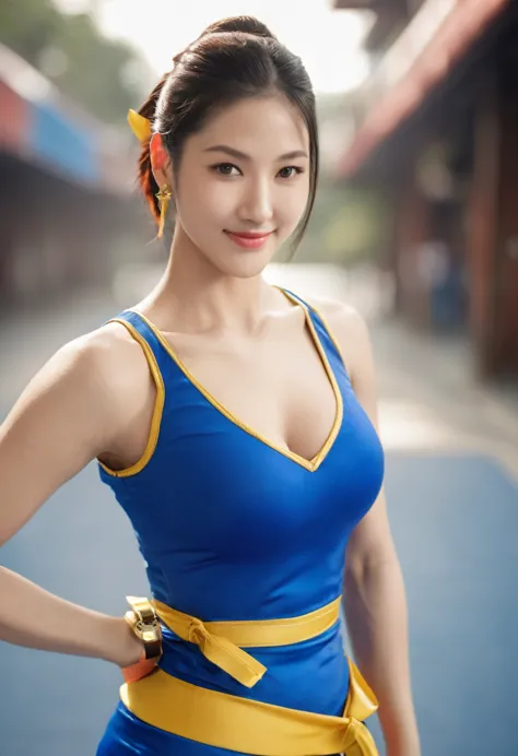 street fighter SF6 high detailed face centered chest, shoulders, glutes, quads, thigh, legs, Chun-Li smiling wearing "capped sho...