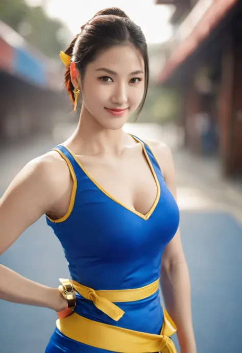 street fighter sf6 high detailed face centered chest, shoulders, glutes, quads, thigh, legs, chun-li smiling wearing "capped sho...