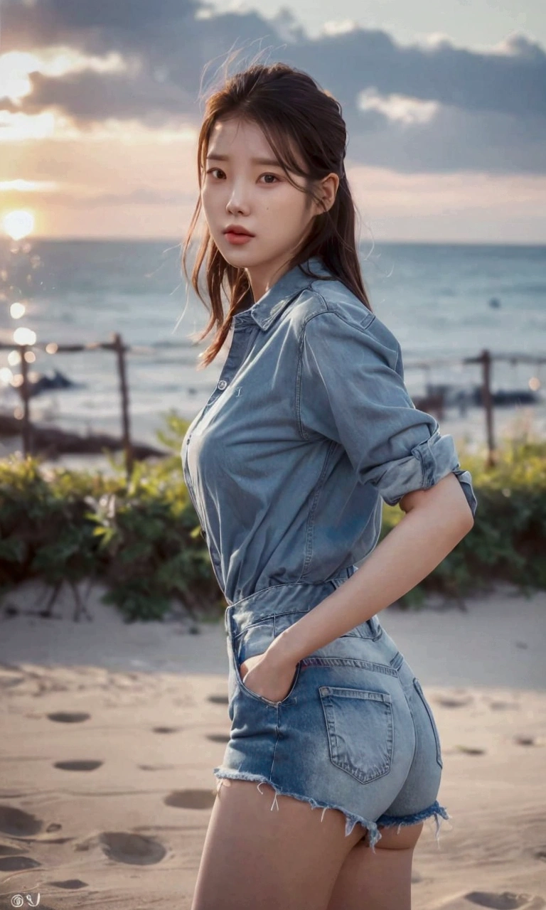 a woman in denim shorts posing on the beach at sunset, bae suzy, sun yunjoo, heonhwa choe, jaeyeon nam, hot with shining sun, hwang se - on, casual pose, lee ji-eun, lee ji - eun, gorgeous young korean woman, korean girl, beautiful young korean woman, korean women's fashion model, sakimichan