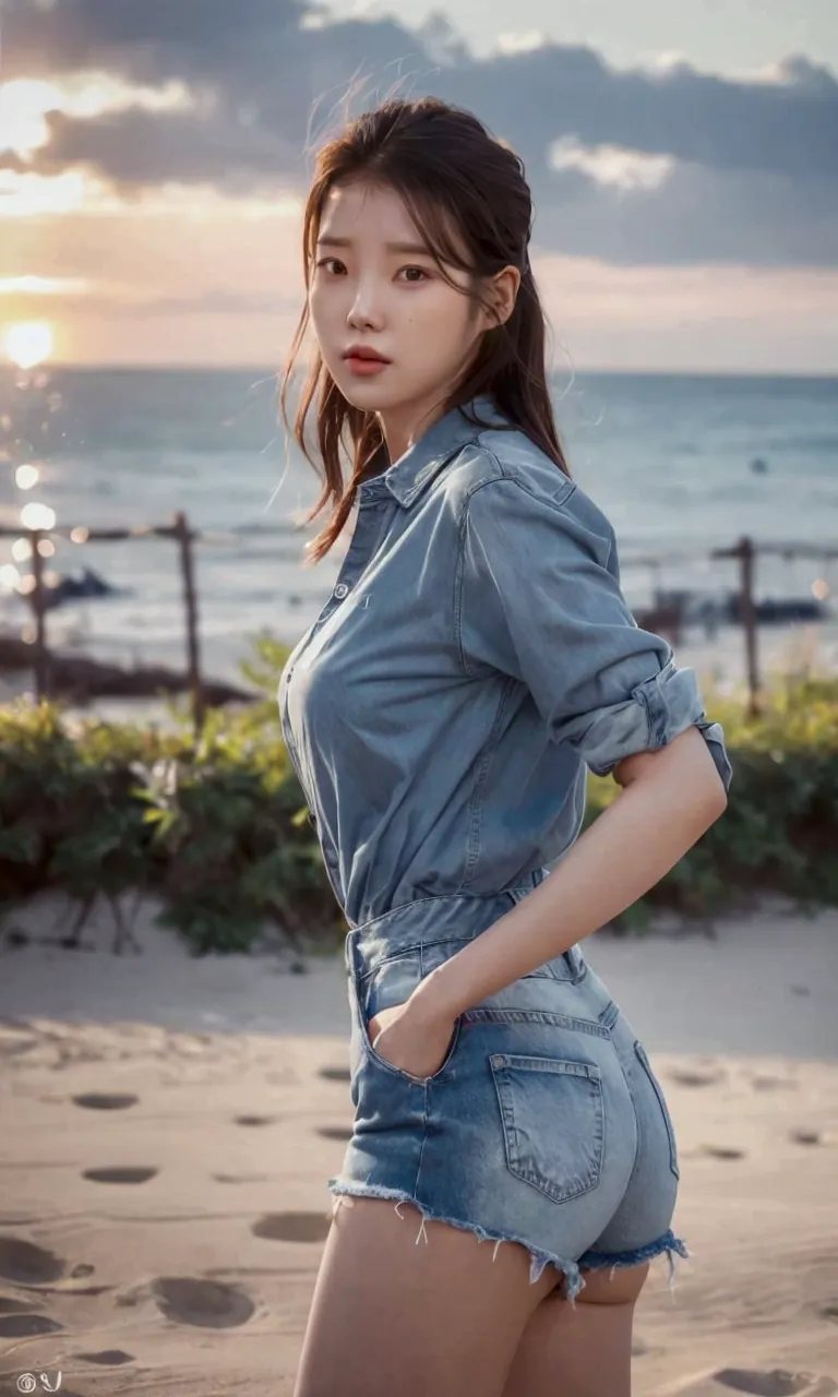 a woman in denim shorts posing on the beach at sunset, bae suzy, sun yunjoo, heonhwa choe, jaeyeon nam, hot with shining sun, hw...