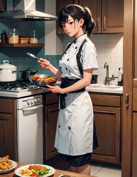 lunch time、the kitchen is as busy as a battlefield.。a female cook was busy working with a stern look on her face.、standing in fr...