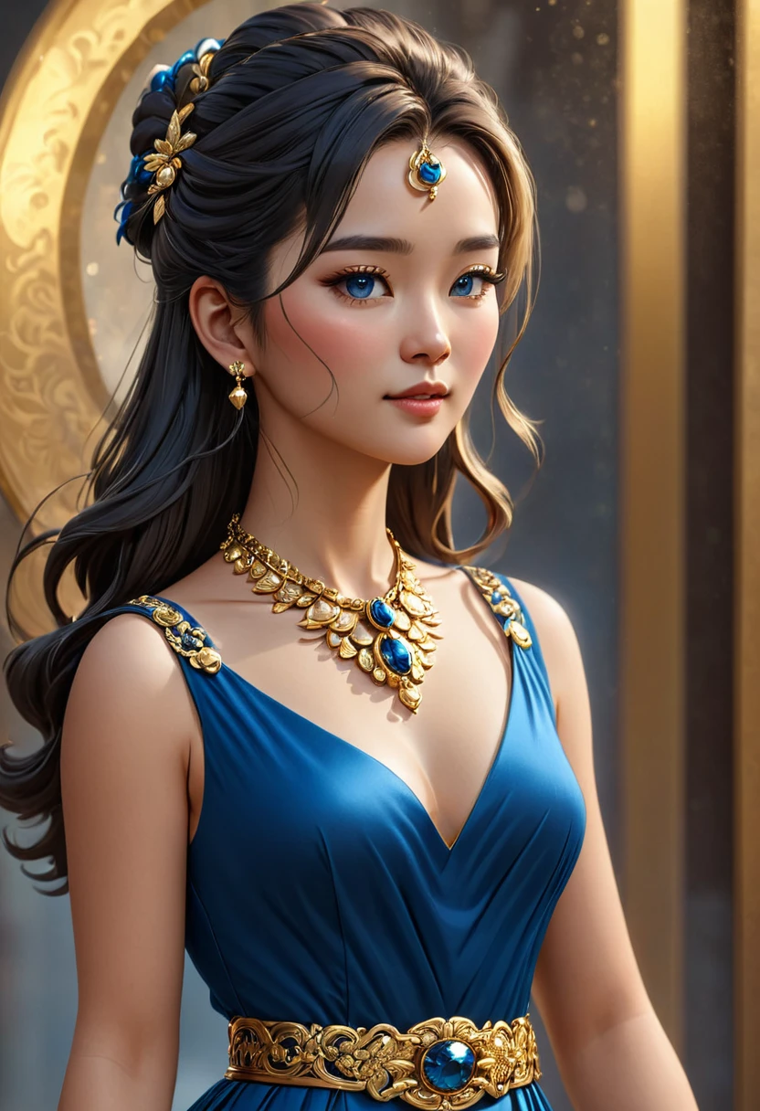 beautiful detailed woman in a blue dress with a golden belt and necklace, 3D character render, 8K, trending on cgstation, chengwei art on artstation, inspired by Lan Ying, 8K German art bokeh, high quality detailed 8K art, deviantart cgstation art, cgsociety 8K, cgsociety 8K