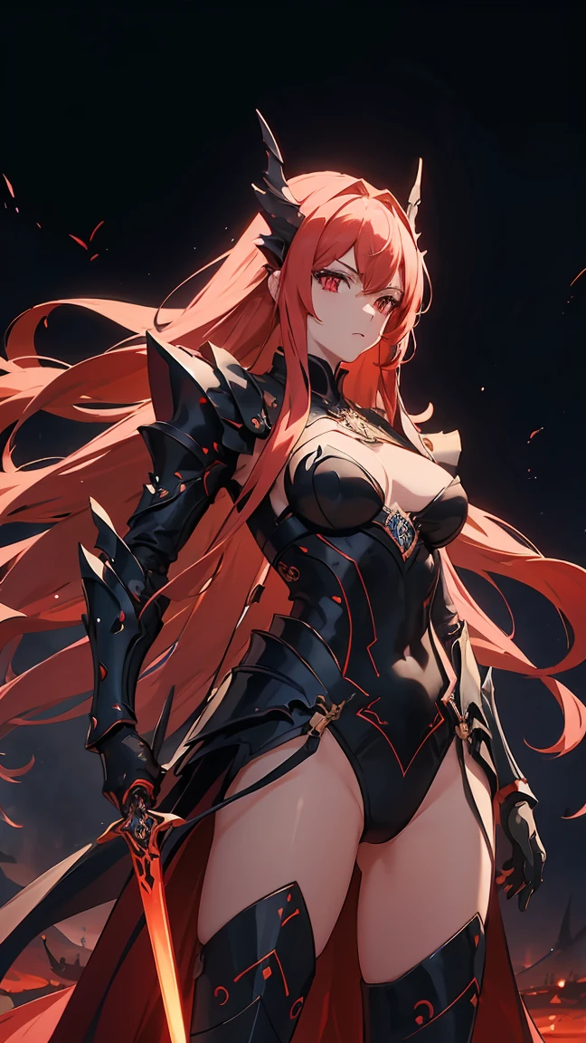 anime style illustration, (masterpiece), (best quality), (high quality), (8K), girl, (whole body), erotic armor, intricate details, Red light, 짧은 Red light 머리, tangled hair, vertical head, red eyes, expression of dominance, As she rules the world, she walks in a less chaotic place., Fire Background, And the dragons in the night sky, Fierce aura, (High-quality lighting), Sword of Fire