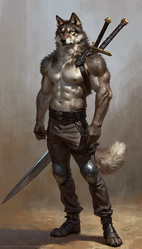 anthro male yellow-eyed gray wolf resting a large two-handed sword on his shoulder, posing, alone, arrogant expression, artwork,...