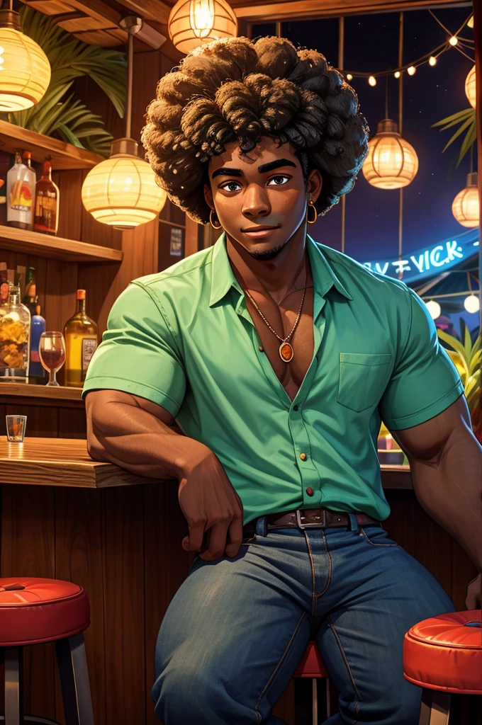 um jovem negro bonito com cabelo afro, sentado em um banquinho de bar em um bar havaiano, Pele escura, características faciais detalhadas, construção muscular, roupa casual, Atmosfera tropical, Luzes coloridas, reflexões na superfície do bar, Fundo bokeh