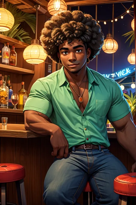 a handsome young black man with an afro haircut, sitting on a bar stool in a hawaiian bar, dark skin, detailed facial features, ...