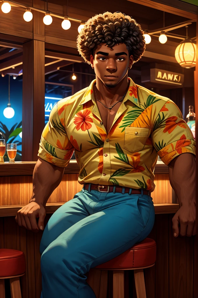 um jovem negro bonito com cabelo afro, sentado em um banquinho de bar em um bar havaiano, Pele escura, características faciais detalhadas, construção muscular, roupa casual, Atmosfera tropical, Luzes coloridas, reflexões na superfície do bar, Fundo bokeh