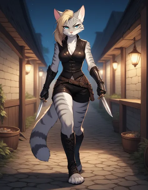 score_9,score_8_up,score_7_up, kemono style, kat, anthro furry feline, silver fur, grey stripes on body, blue eyes, long blonde ...