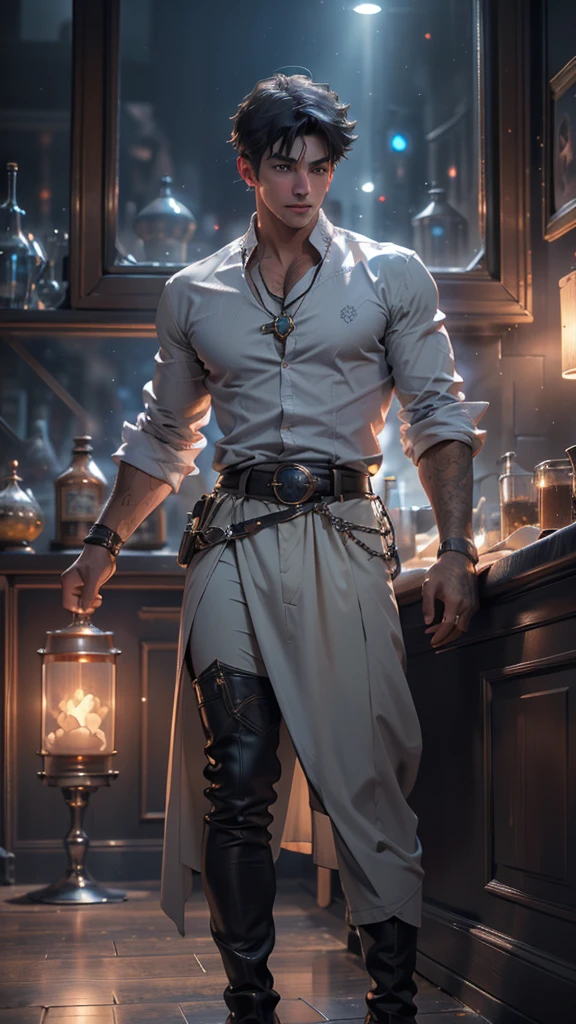 un hombre joven, ice sorcerer, pelaje oscuro, Ojos cafés, casquete de hielo azul, Camisa blanca, Pantalones beige, botas, guantes, cinturón, (mejor calidad,4k,8K,Alta resolución,obra maestra:1.2),ultra detallado,(realista,photorealista,fotorrealistaa:1.37),elegante, magia, ice magia, iluminación cinematográfica, dramático, rasgos faciales detallados, dramático pose, detalles intrincados, ambiente atmosférico, paisaje fantástico