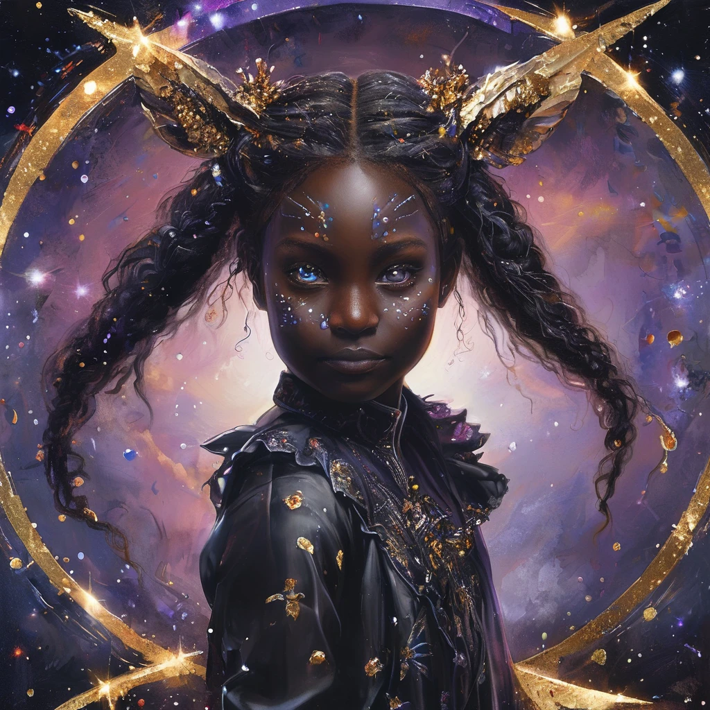 Porträt, ein Battle Angel-Porträt, beautiful black skin with funkelns and glitter, lange lange Haare, glänzende und aufhellende Augen detaillierte Haut, Das Bild überzeugt durch dynamische Komposition und energisches Posieren. Integrieren Sie viele Fantasiedetails wie Unebenheiten, gespenstisches Schillern, glitter, galaxy, Kosmos, ((dunkler Himmelshautkörper, Leere kosmische Körper)), (((Dunkler Hintergrund))), (((Lichter aus))), (((Hollywood dunkel))), Grusel, Dramatische Schatten, (in einem dunklen Fantasy-Raum:1.3, glitter, funkeln, glänzen) digitale Vektorgrafik, (schwarzer Hintergrund:1.5)scharf