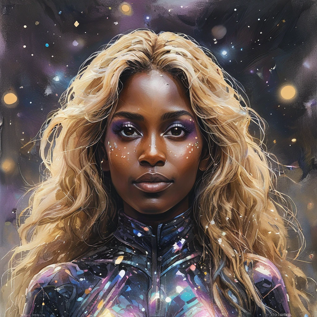 Porträt, ein Battle Angel-Porträt, beautiful black skin with funkelns and glitter, lange lange Haare, glänzende und aufhellende Augen detaillierte Haut, Das Bild überzeugt durch dynamische Komposition und energisches Posieren. Integrieren Sie viele Fantasiedetails wie Unebenheiten, gespenstisches Schillern, glitter, galaxy, Kosmos, ((dunkler Himmelshautkörper, Leere kosmische Körper)), (((Dunkler Hintergrund))), (((Lichter aus))), (((Hollywood dunkel))), Grusel, Dramatische Schatten, (in einem dunklen Fantasy-Raum:1.3, glitter, funkeln, glänzen) digitale Vektorgrafik, (schwarzer Hintergrund:1.5)scharf