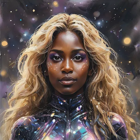 portrait, a battle angel portrait, beautiful black skin with sparkles and glitter, long long hair, shiny and lightening eyes det...