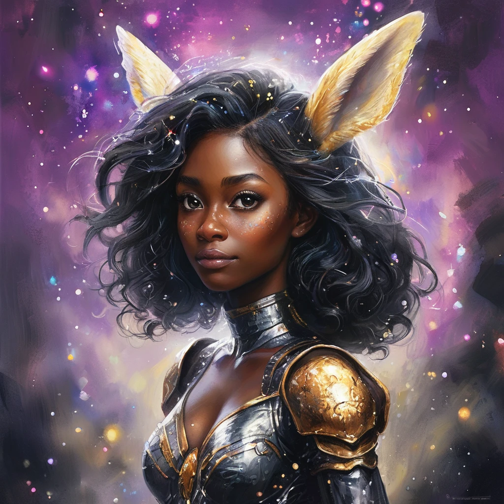  un portrait d&#39;ange de combat, beautiful black skin with scintillaits and Paillettes, Cheveux longs et longs, yeux brillants et éclaircissants, peau détaillée, l&#39;image est convaincante avec une composition dynamique et une pose énergique. Incluez de nombreux détails fantastiques tels que des bosses, irisation fantasmatique, Paillettes, galaxie, cosmos, ((corps en peau céleste sombre, corps cosmique vide)), (((fond sombre))), (((lumières éteintes))), (((Hollywood sombre))), horreur, ombres dramatiques, (dans un espace sombre et fantastique:1.3, Paillettes, scintillait, lueur) illustration numérique de vecteur, (fond noir:1.5)POINTU