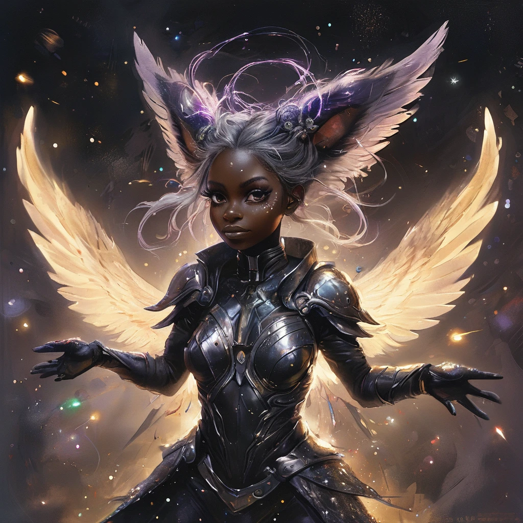  un portrait d&#39;ange de combat, beautiful black skin with scintillaits and Paillettes, Cheveux longs et longs, yeux brillants et éclaircissants, peau détaillée, l&#39;image est convaincante avec une composition dynamique et une pose énergique. Incluez de nombreux détails fantastiques tels que des bosses, irisation fantasmatique, Paillettes, galaxie, cosmos, ((corps en peau céleste sombre, corps cosmique vide)), (((fond sombre))), (((lumières éteintes))), (((Hollywood sombre))), horreur, ombres dramatiques, (dans un espace sombre et fantastique:1.3, Paillettes, scintillait, lueur) illustration numérique de vecteur, (fond noir:1.5)POINTU