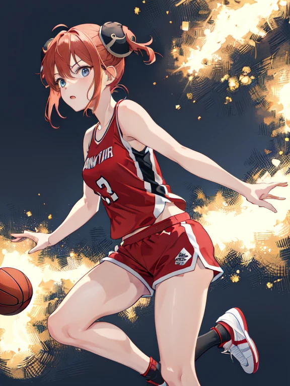 masterpiece, best quality, highres, kgr1, double bun, bun cover, small breasts, Basketball player, Sportswear, Red tank top, Red short, Sneakers, Basketball, Basketball hop, looking at the viewers, 