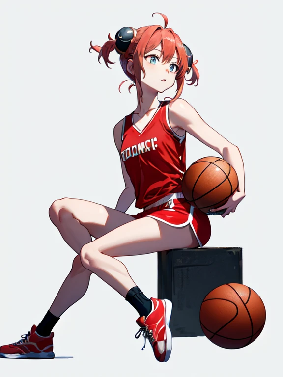 masterpiece, best quality, highres, kgr1, double bun, bun cover, small breasts, Basketball player, Sportswear, Red tank top, Red short, Sneakers, Basketball, Basketball hop, looking at the viewers, 