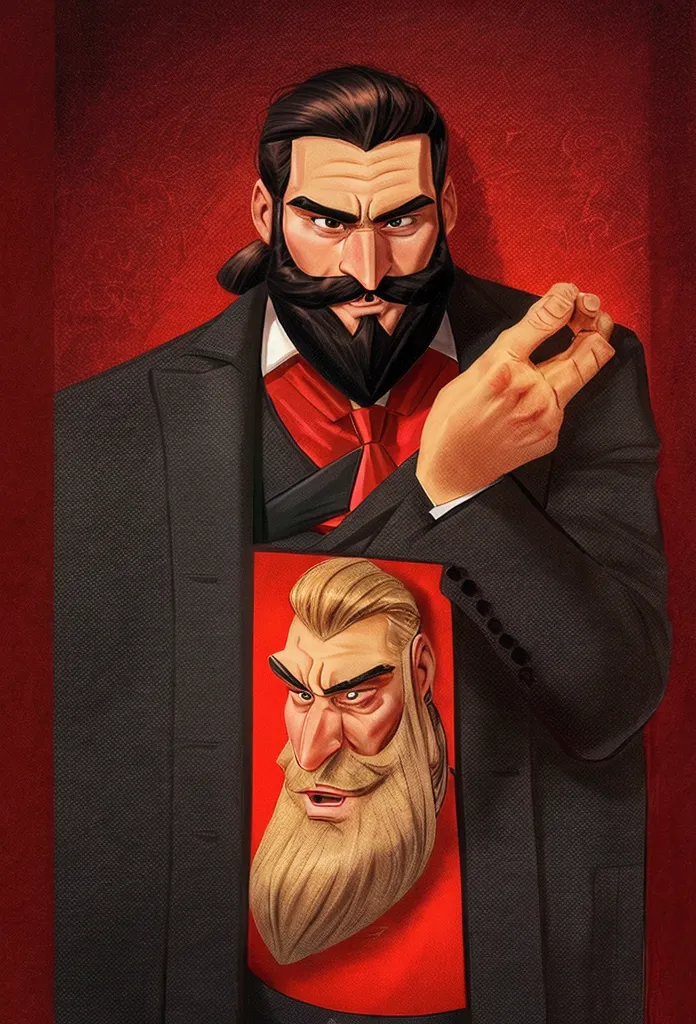 a man with a bushy beard, brunette hair but with a blonde topknot, wearing a black suit with a red tie, cartoon style - renan so...