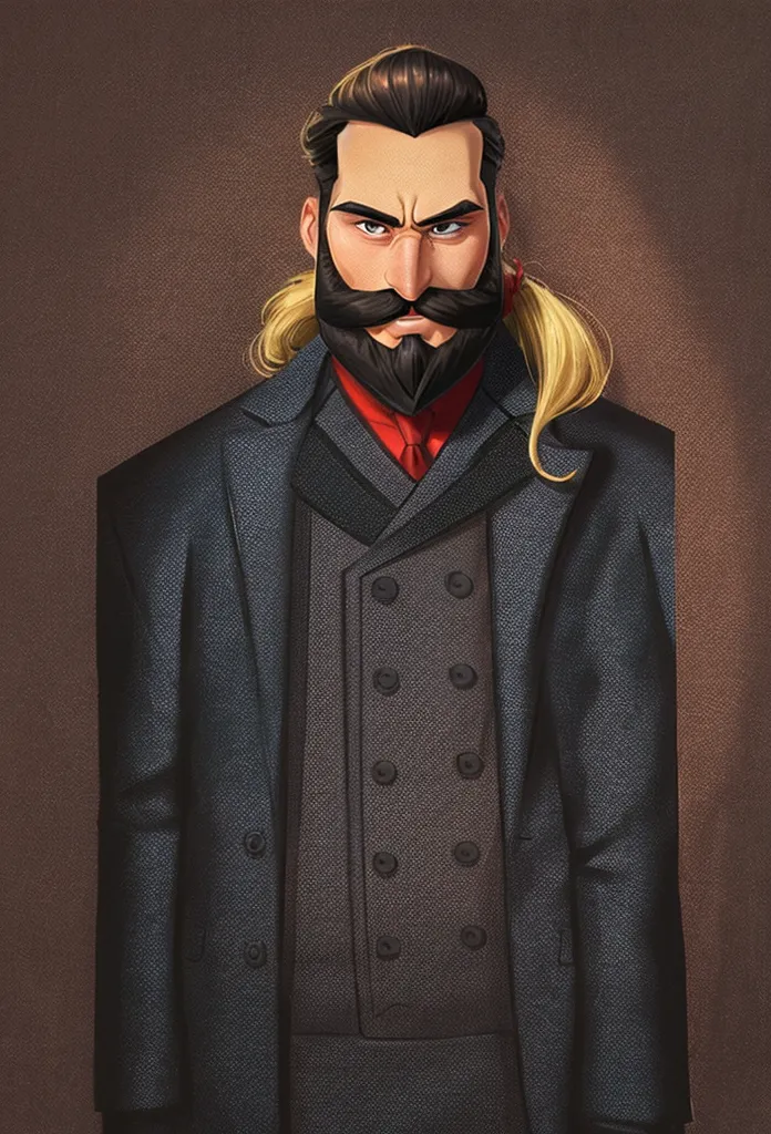 a man with a bushy beard, brunette hair but with a blonde topknot, wearing a black suit with a red tie, cartoon style - renan so...