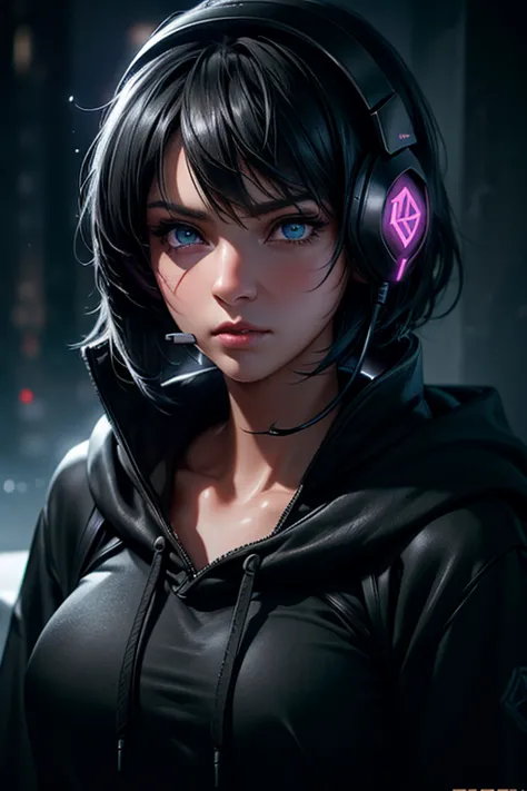 a girl with short black hair, wearing a large hoodie, gaming headset, detailed beautiful eyes, detailed beautiful lips, extremel...