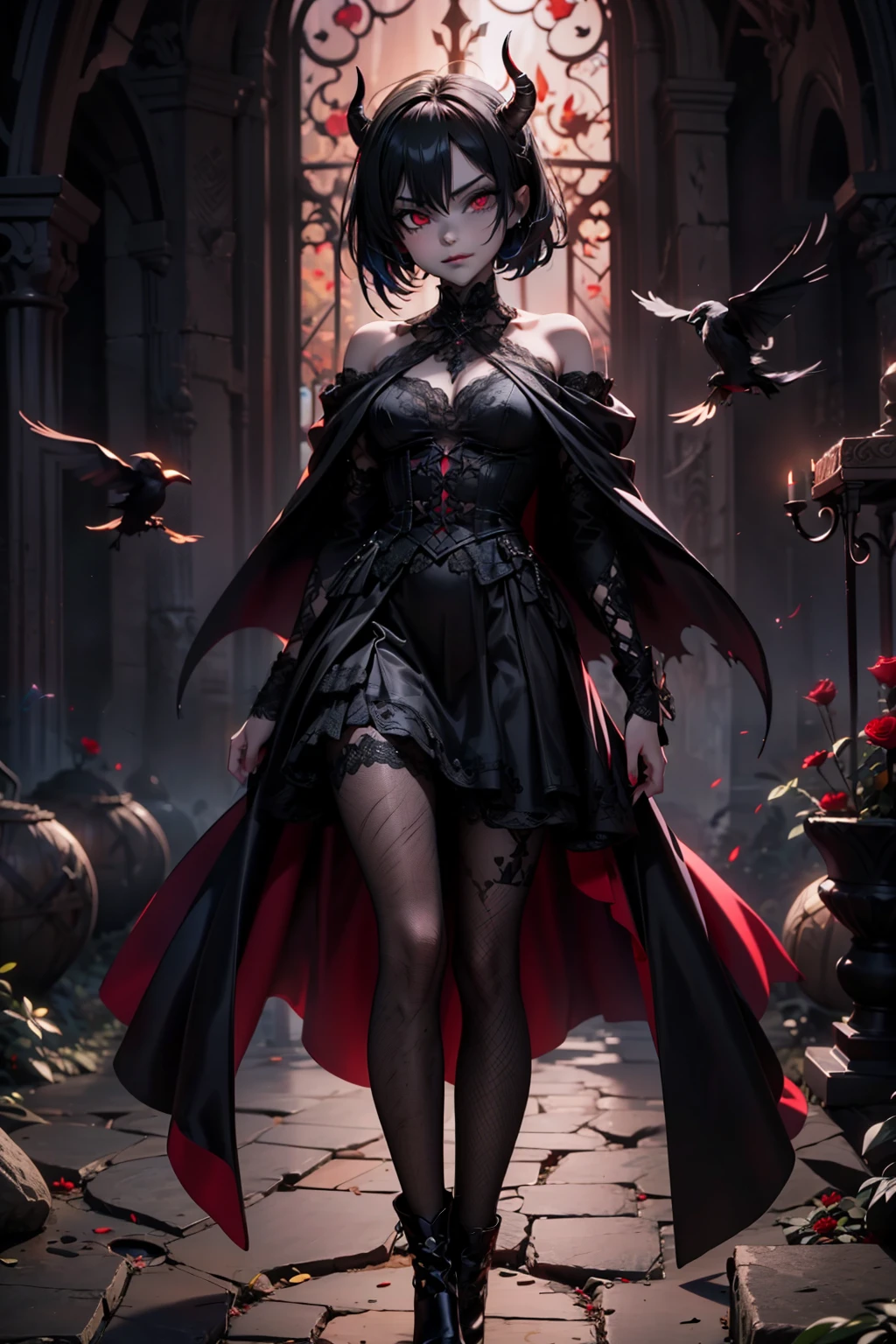 anime character, short black hair, red crimson eyes, black adventurer outfit, cloak, closed mouth, serious, full body shot, demon horns, anime, Gothic art, high details, high quality, 4K, HD, masterpiece, anatomically correct
