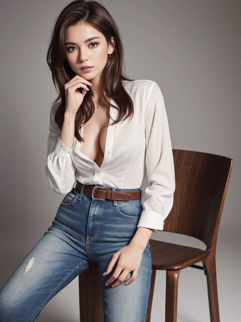 ((Highest quality, 8K, masterpiece :1.3)), Sharp focus :1.2, Beautiful woman with perfect figure :1.4, 1 Girl,Slim Abs :1.2, ((Dark brown hair,chest :1.2)), (White long formal shirt)(Unbutton your shirt.), Gray background:1.2, Highly detailed face and skin texture, fine grain, double eyelid,Beautiful Hands，Five Fingers,Fashion model posing,Full body portrait,Cowboy Shot,jeans,Cast a Shadow,Sitting on a chair,Binding one&#39;s arms with a rough rope、The rope bound her body.,((Put your arms behind your back, Suppressed, Rope bondage:1.4)),