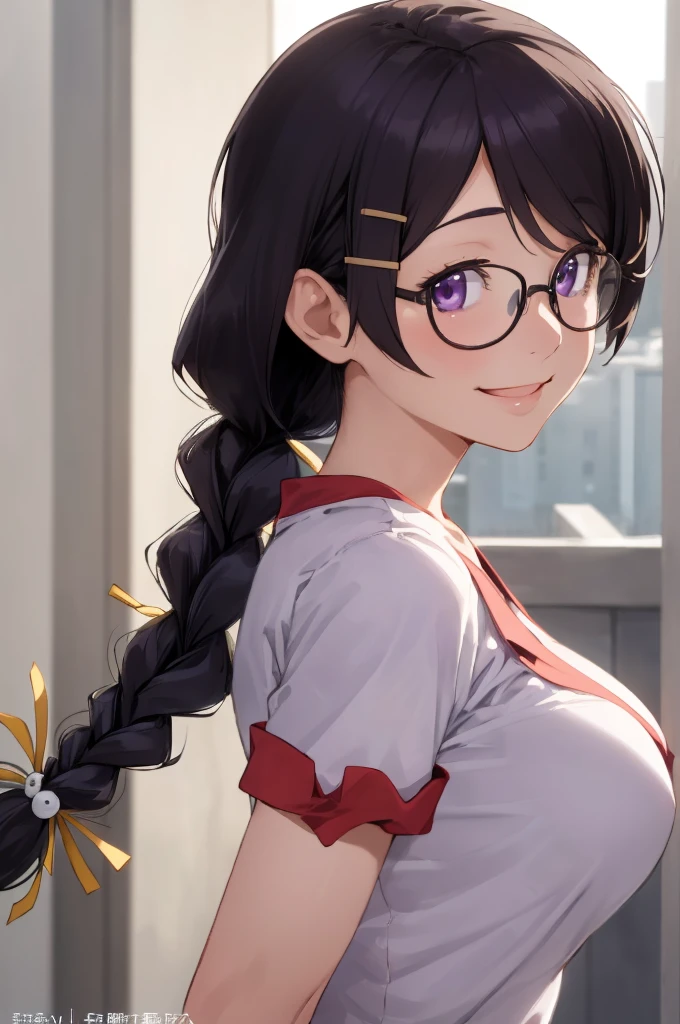 (best quality, masterpiece, RAW photo,ultra-detailed:1.2), 1girl,solo,looking at viewer,smile hanekawa tsubasa, long hair, black hair, hair ornament, (purple eyes:1.1), braid, hairclip, twin braids, glasses, very large breasts, from side