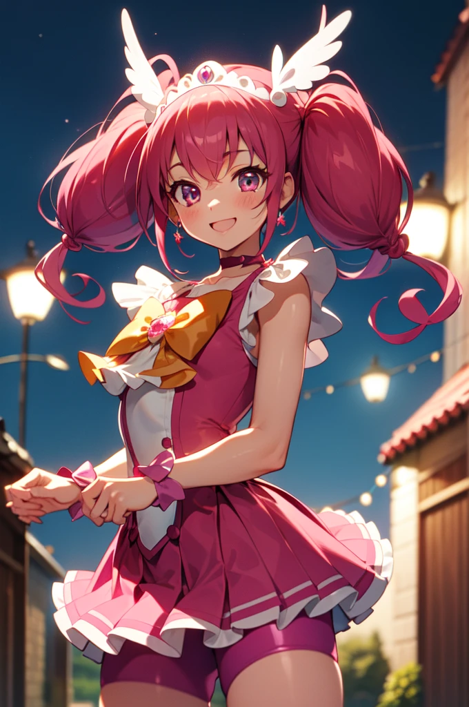 best quality, ultra-detail, masterpiece, anime, 1girl in, solo, cure happy, pink hair, (low twintails under large curled strand of hair), feather hair ornament, skirt. tiara, wrist cuffs, (pink shorts), pink shorts under skirt, boots, happy smile, (glossy fabric), cowboy shot, pink gemstones, standing, blush, (beautiful detailed eyes), extra detailed face, perfect lighting, extremely details CG, (perfect hands, perfect anatomy), shiny material, a pink ribbon, jewelry, latex shine,