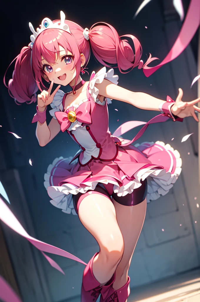 best quality, ultra-detail, masterpiece, anime, 1girl in, solo, cure happy, pink hair, (low twintails under large curled strand of hair), feather hair ornament, skirt. tiara, wrist cuffs, (pink shorts), pink shorts under skirt, boots, happy smile, (glossy fabric), cowboy shot, pink gemstones, standing, blush, (beautiful detailed eyes), extra detailed face, perfect lighting, extremely details CG, (perfect hands, perfect anatomy), shiny material, a pink ribbon, jewelry, latex shine,