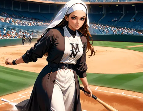 arafed a sports capture picture of a nun playing baseball, an exquisite beautiful nun, full body, middle aged woman,  dynamic ha...