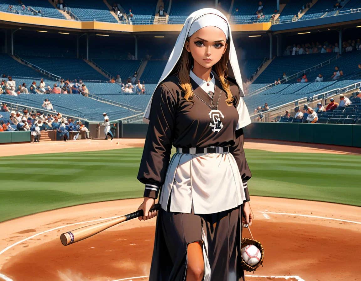 Arafed a sports capture picture of a nun playing baseball, an exquisite beautiful nun, full body, middle aged woman,  dynamic hair, dynamic style,  ultra detailed face, concentrated look, determined look, best detailed face, wearing ((nun clothes: 1.3)), holding a baseball bat, standing ready in a baseball match, baseball stadium nackground, full body (best details, Masterpiece, best quality), ultra wide shot, photorealistic,  vibrant, Ultra-high resolution, High Contrast, (masterpiece:1.5), highest quality, Best aesthetics), best details, best quality, highres, ultra wide angle, 16k, [ultra detailed], masterpiece, best quality, (extremely detailed), ZipFile Comi Style