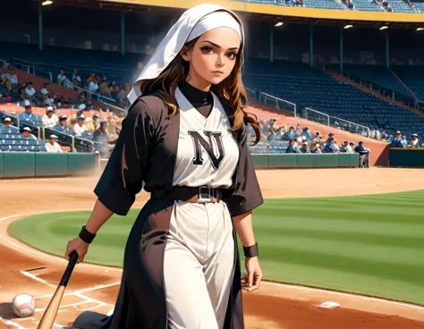 arafed a sports capture picture of a nun playing baseball, an exquisite beautiful nun, full body, middle aged woman,  dynamic ha...