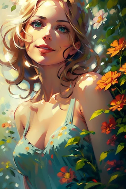 (realistic illustration:1.3), A very beautiful Russian woman. 31yo, brunette, green eyes, short, perfect figure, small breasts,(smile).floral print sundress, high heels. Masterpiece, (highly detailed:1.2),(detailed face and eyes:1.2), 8k wallpaper, natural lighting. core shadows, high contrast, bokeh.(rule of thirds)