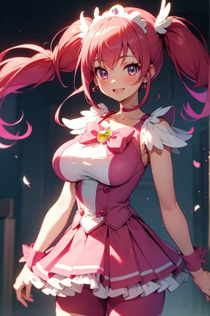 Meilleure qualité, ultra-détail, chef-d&#39;œuvre, animé, 1 fille dans, seulement, Guérison heureuse, cheveux roses, (twintails bas sous une grosse mèche de cheveux bouclée), ornement de cheveux en plumes, jupe. tiare, poignets, (Short rose), Short rose under jupe, bottes, sourire heureux, (Tissu brillant), tir de cow-boy, pierres précieuses roses, debout, rougir, (Beaux yeux détaillés), visage très détaillé, éclairage parfait, extrêmement détails CG, (des mains parfaites, Anatomie parfaite), Matière brillante, un ruban rose, bijoux, brillance du latex,Des seins énormes