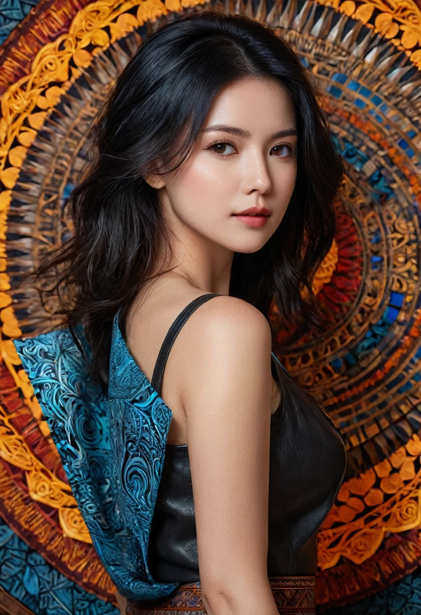 1girl, stunning 27 years old, official art, 8k wallpaper, full length, ultra detailed, beautiful and aesthetic, black hair, brown eyes, leather bust, skirt, A slight smile, masterpiece, best quality, realistic, extremely detailed, dynamic angle, (zentangle, mandala, tangle, tangle), the most beautiful form of chaos, elegant, brutalist design, vivid colors, romanticism, plasma flame