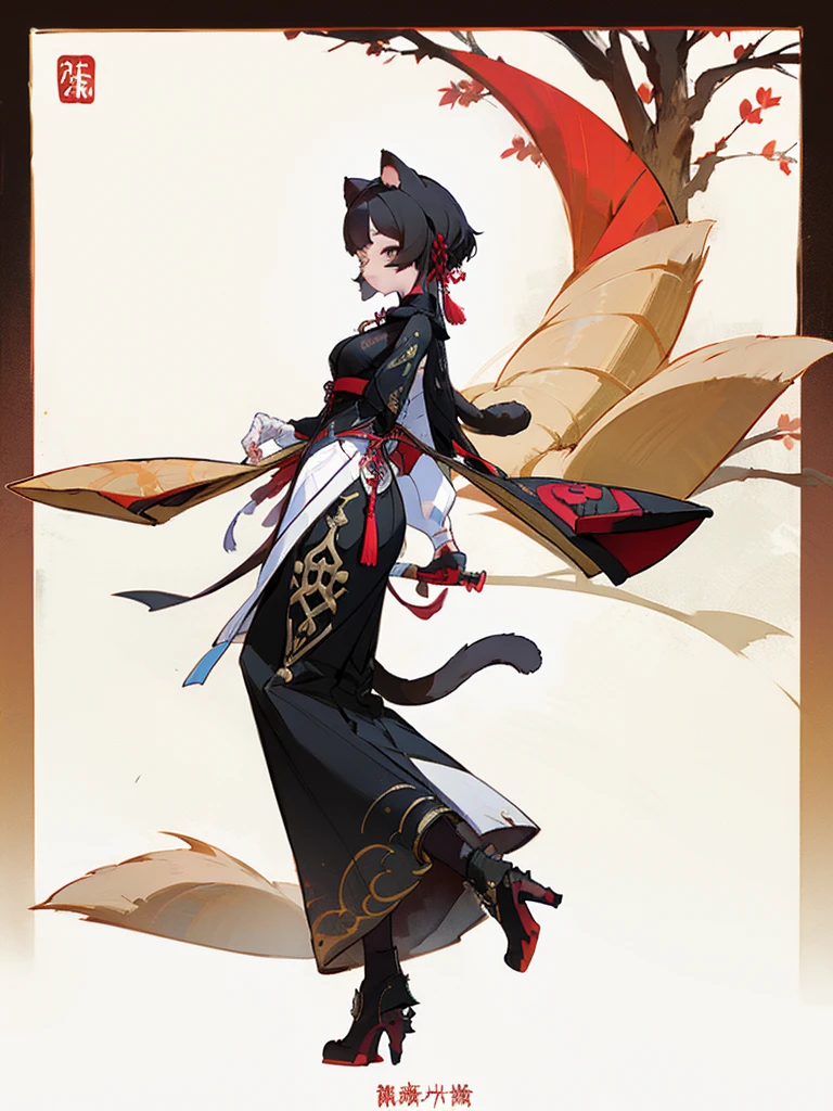 full height. anthropomorphic cat. little height. black fur. chinese costume. ribbons. pancake tail. long ears. thin cat paws. no hair