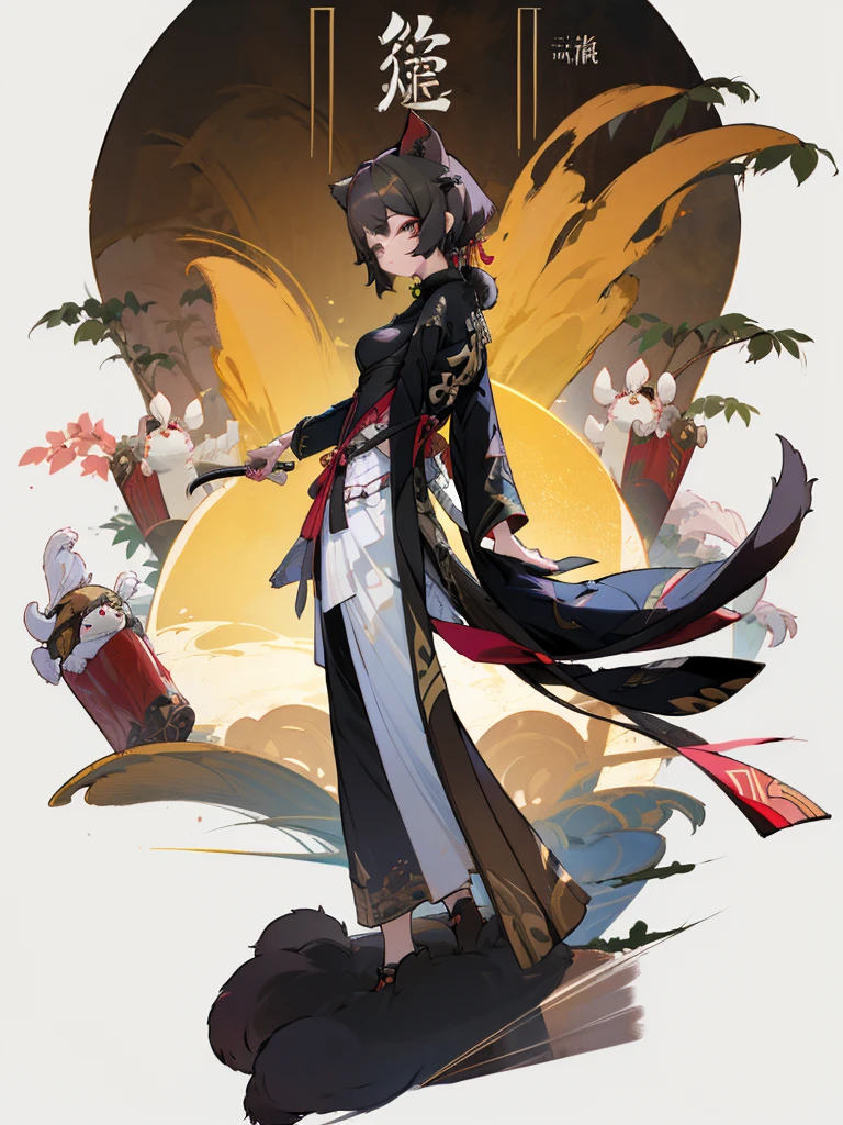 full height. anthropomorphic cat. little height. black fur. chinese costume. ribbons. pancake tail. long ears. thin cat paws. no hair