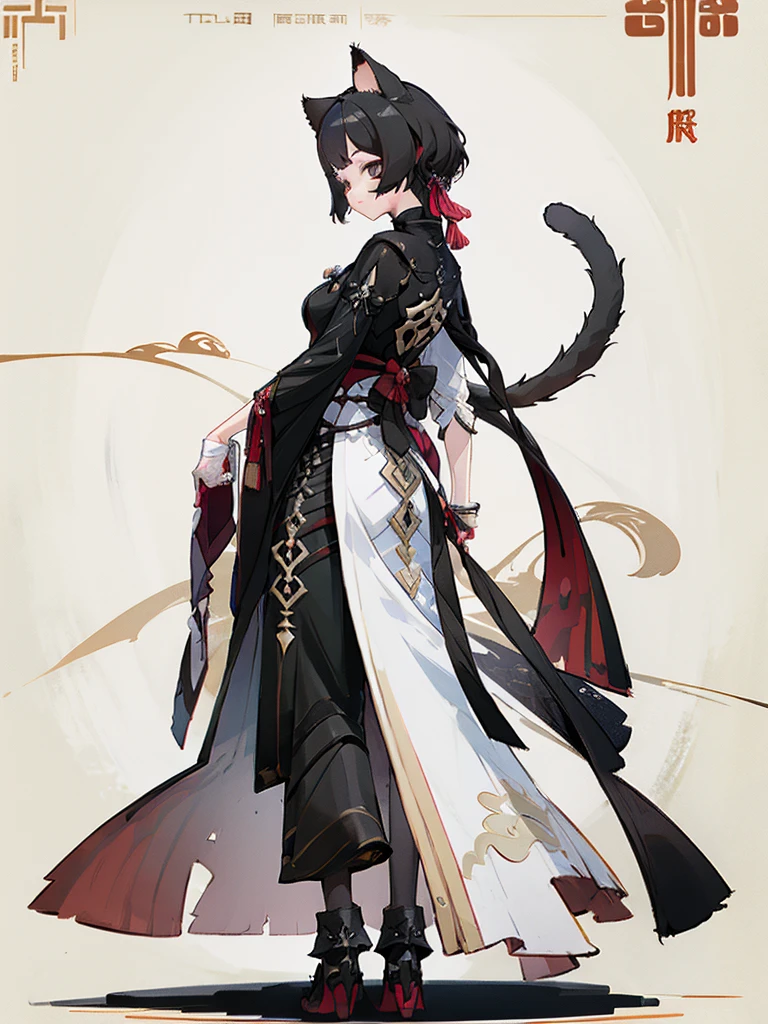 full height. anthropomorphic cat. little height. black fur. chinese costume. ribbons. pancake tail. long ears. thin cat paws. no hair