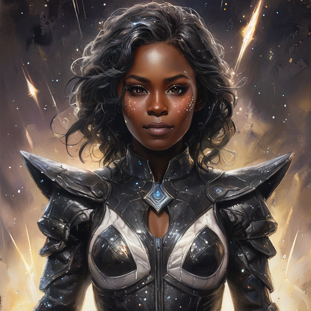  un retrato de ángel de batalla, beautiful black skin with brillars and Brillantina, pelo largo y largo, ojos brillantes y aclarados piel detallada, La imagen es convincente con una composición dinámica y una pose enérgica.. Incluye muchos detalles de fantasía como protuberancias., iridiscencia fantasmal, Brillantina, galaxia, cosmos, ((cuerpo de piel celeste oscuro, cuerpo cósmico vacío)), (((fondo oscuro))), (((luces apagadas))), (((hollywood oscuro))), horror, sombras dramáticas, (en un espacio de fantasía oscura:1.3, Brillantina, brillar, destello) Ilustración digital vectorial, (Fondo negro:1.5)afilado