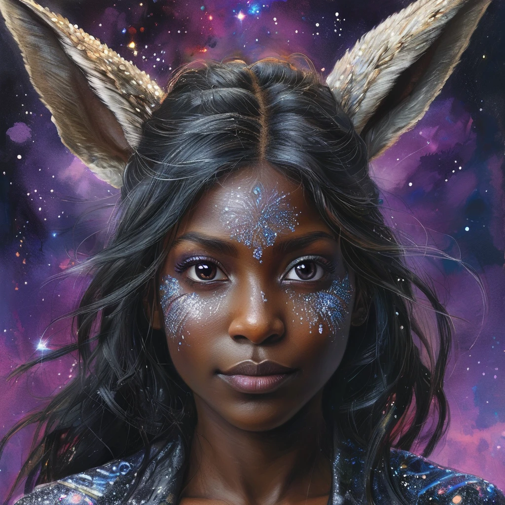  un portrait d&#39;ange de combat, beautiful black skin with scintillaits and Paillettes, Cheveux longs et longs, yeux brillants et éclaircissants, peau détaillée, l&#39;image est convaincante avec une composition dynamique et une pose énergique. Incluez de nombreux détails fantastiques tels que des bosses, irisation fantasmatique, Paillettes, galaxie, cosmos, ((corps en peau céleste sombre, corps cosmique vide)), (((fond sombre))), (((lumières éteintes))), (((Hollywood sombre))), horreur, ombres dramatiques, (dans un espace sombre et fantastique:1.3, Paillettes, scintillait, lueur) illustration numérique de vecteur, (fond noir:1.5)POINTU